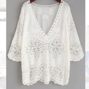 White Hollow Out Crochet Insert Embroidered Blouse